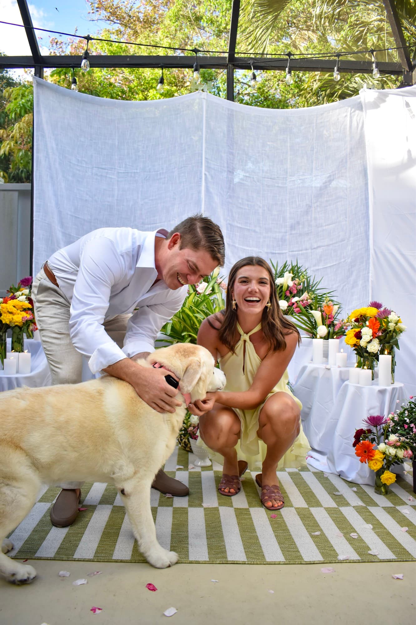 Jon crouching to fuss one of their labradors while Morgan laughs beside them.
