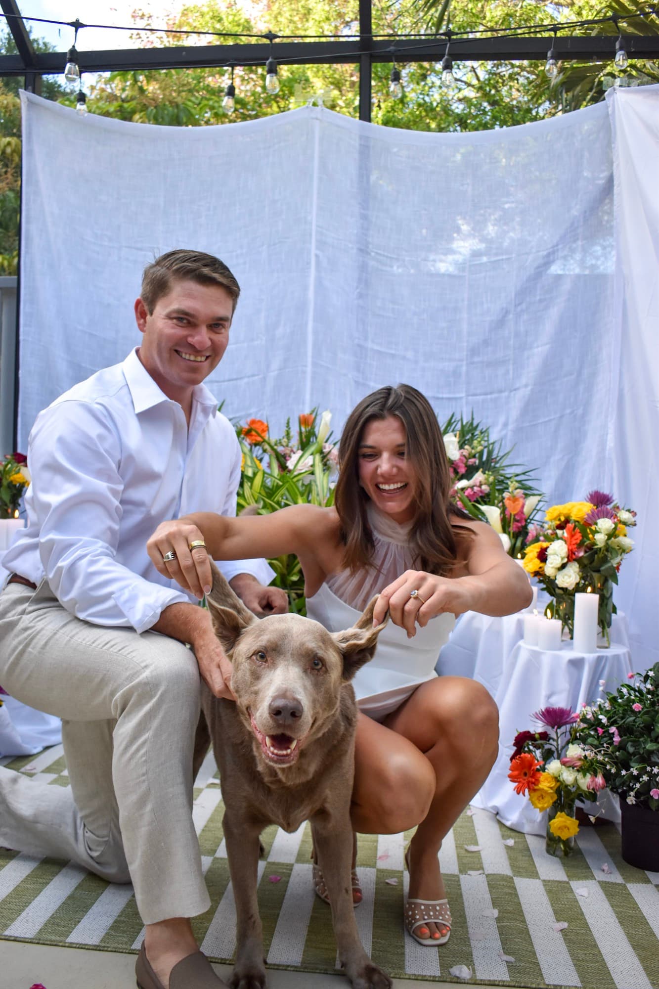Morgan and Jon crouched either side of their silver labrador, holding his ears out, all three looking at the camera.